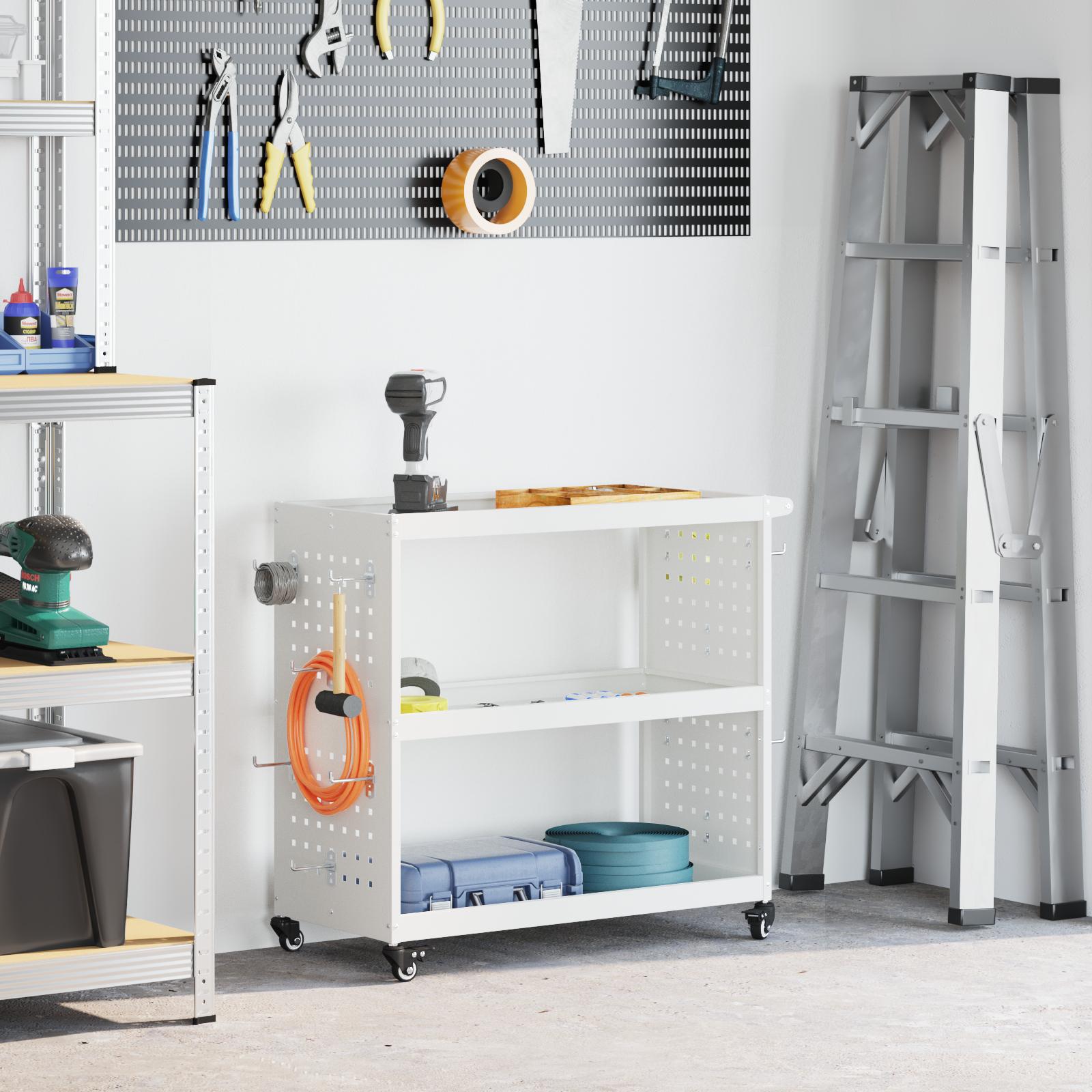 Værktøjsvogn med hylde med hjul Hvid 75 x 35 x 73 cm Pulverlakeret Stål