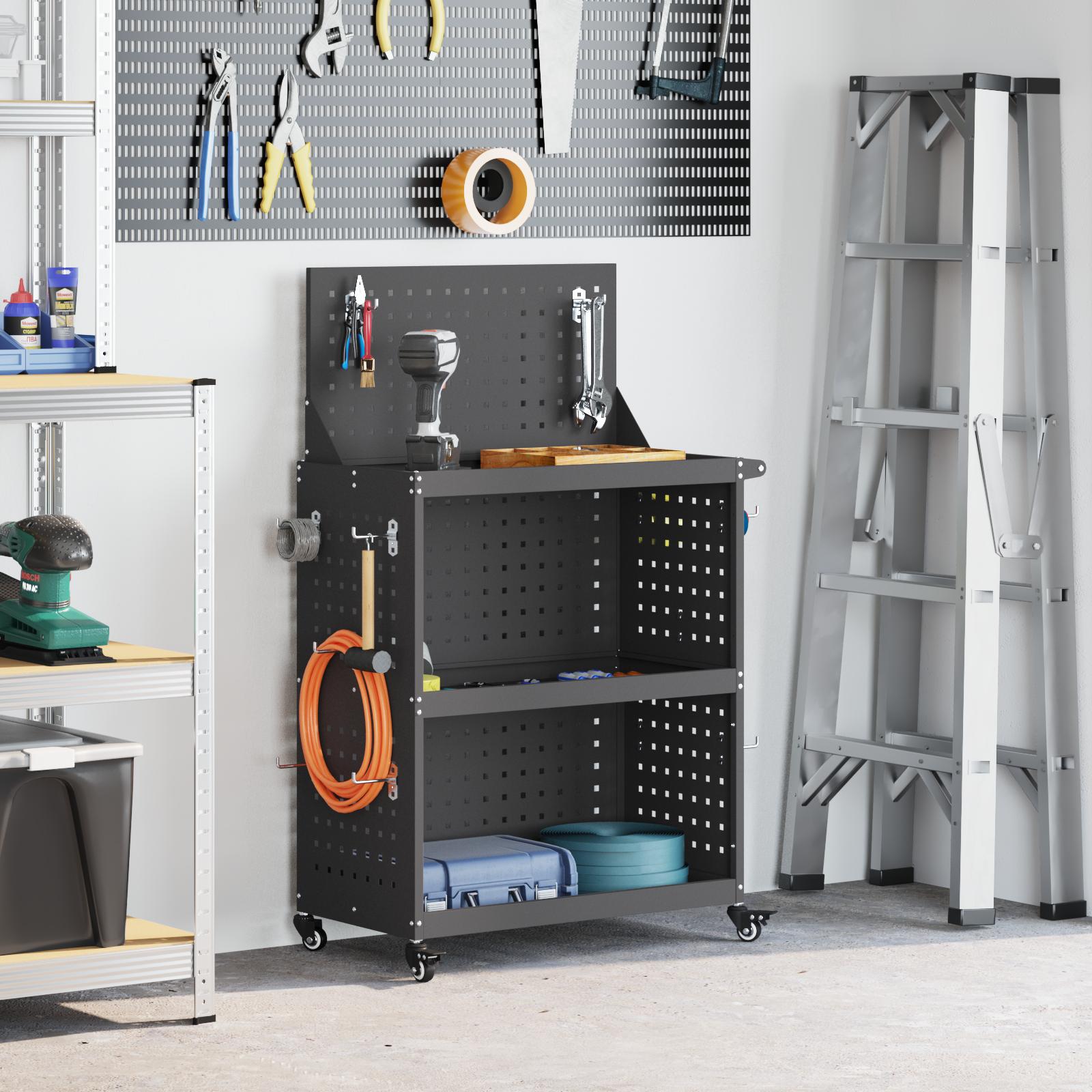 Værktøjsvogn med hylde med hjul Sort 65 x 35 x 111 cm Pulverlakeret Stål