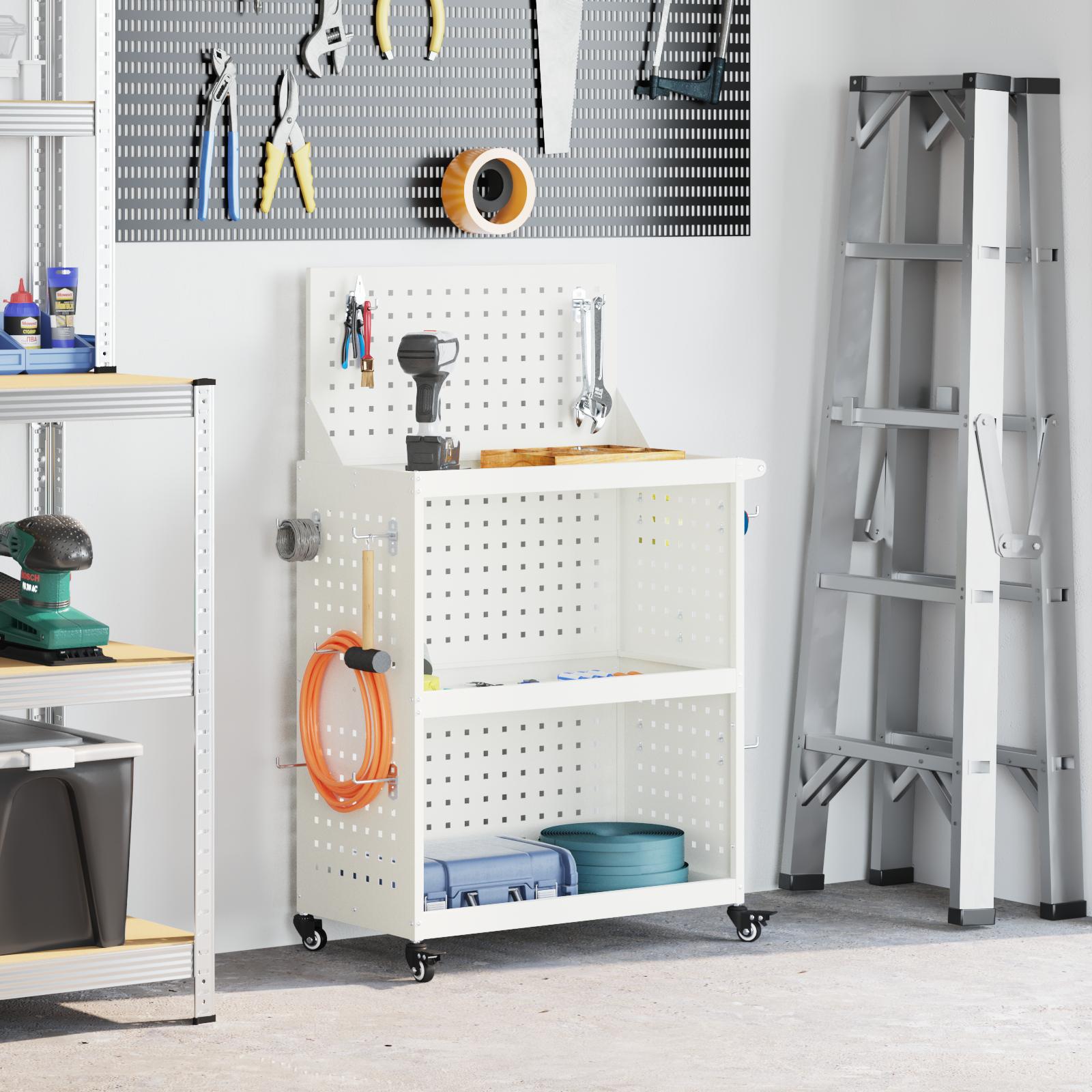 Værktøjsvogn med hylde med hjul med opbevaring Hvid 65 x 35 x 111 cm Metal