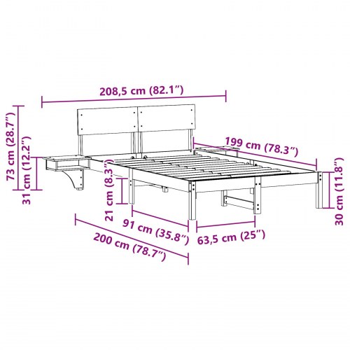Sengestel med hovedgærde brun 135 x 190 cm - massiv fyrretræ