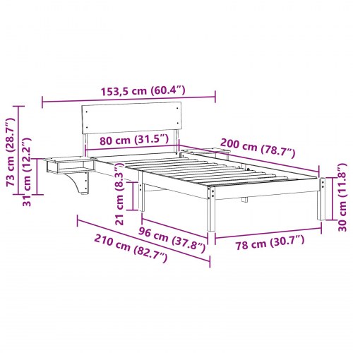 Sengestel med hovedgærde voksbrun 80 x 200 cm - massiv fyrretræ