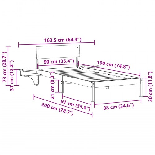 Sengestel med hovedgærde brun 90 x 190 cm - massiv fyrretræ