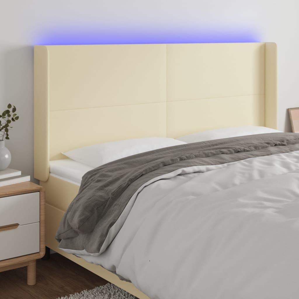 Sengegavl med LED-lys 183x16x118/128 cm - kunstlæder, cremefarvet billede