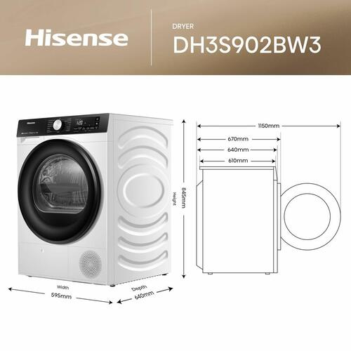 Hisense DH3S902BW3 kondensator-tørretumbler 9 kg - hvid