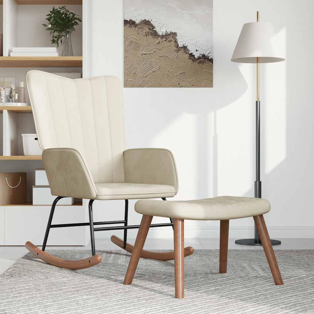 Gyngestol med fodskammel fløjl cremehvid