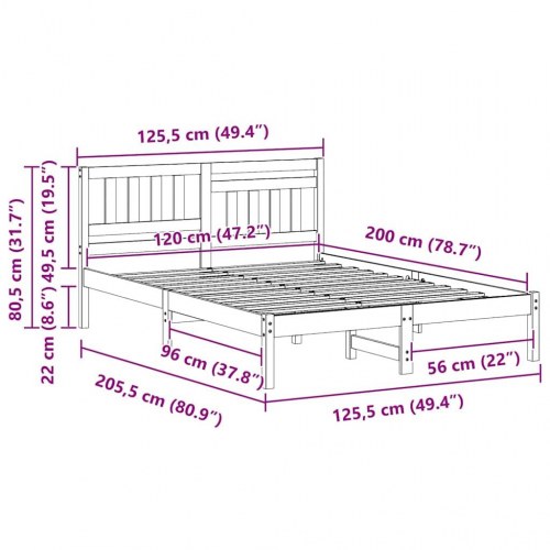 Sengestel med hovedgærde voksbrun 120 x 200 cm - massiv fyrretræ