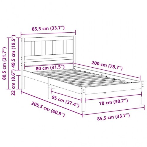 Sengestel med hovedgærde - brun 80 x 200 cm massiv fyrretræ