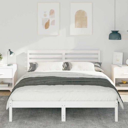 Sengestel med hovedgærde hvid 160 x 200 cm massiv fyrretræ