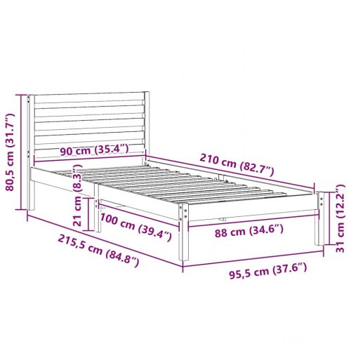 Sengestel med hovedgærde voksbrun 90 x 210 cm i massivt fyrretræ