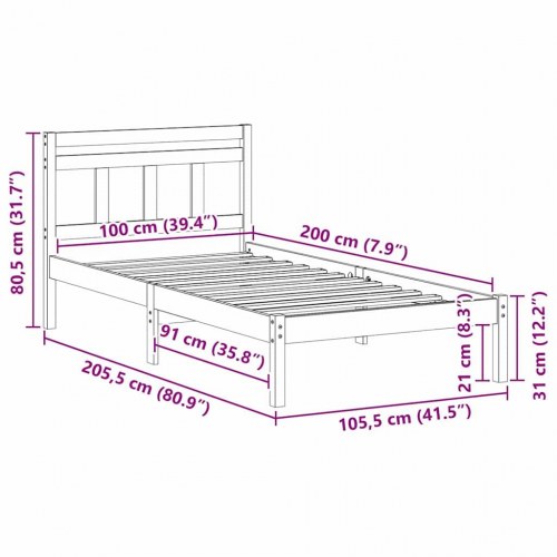 Sengestel med hovedgærde i massiv fyrretræ 100 x 200 cm - brun
