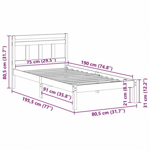 Sengestel med hovedgærde i massiv fyrretræ - hvid, 75 x 190 cm