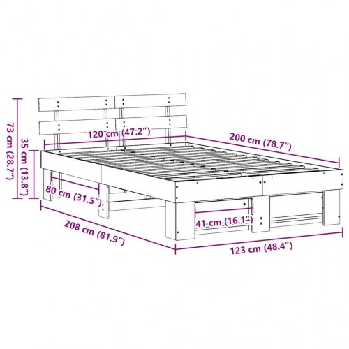 Sengestel med hovedgærde 120 x 200 cm - brun massiv fyrretræ