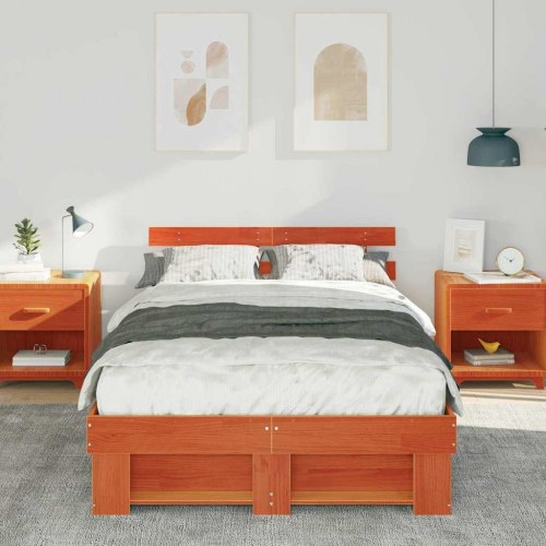 Sengestel med hovedgærde 140 x 190 cm - voksbrun massiv fyrretræ