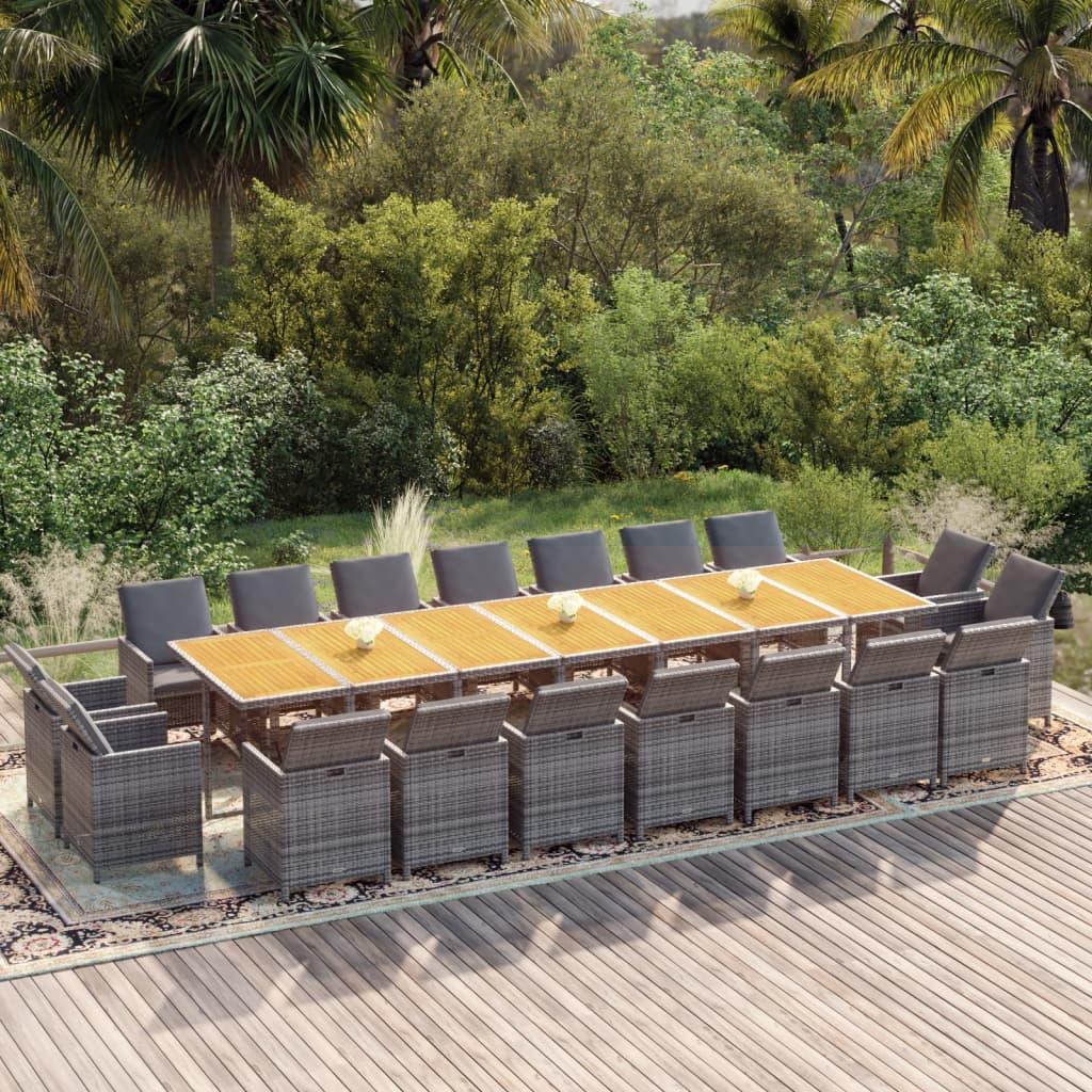 Spisebordssæt til haven 19 dele med hynder polyrattan grå