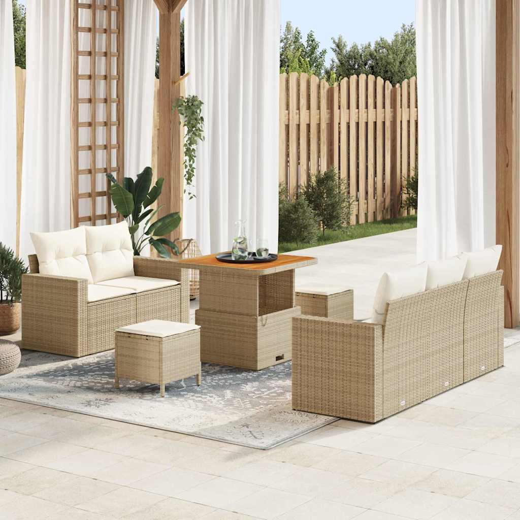 8 Stykke Have Sofa Sæt med Puder Beige Poly Rattan Acacia&& 3 Stykke Have Spisesæt med Puder Beige Poly Rattan Acacia