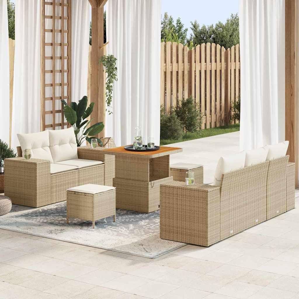 8-delt have sofa sæt med puder Beige Poly Rattan Akacie&& 3-delt have dining sæt med puder Beige Poly Rattan Akacie