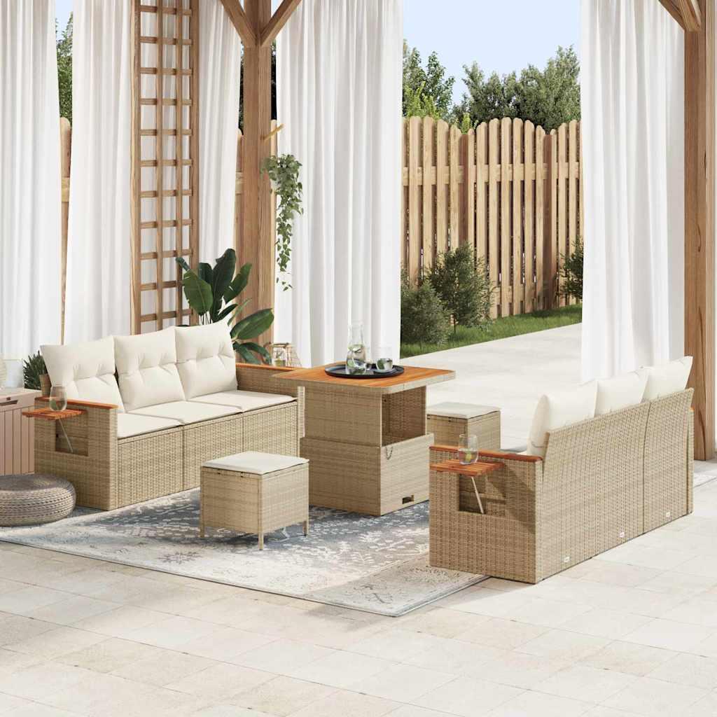 9 Stykke Have Sofa Sæt med Puder Beige Poly Rattan Akacia&& 3 Stykke Have Spise Sæt med Puder Beige Poly Rattan Akacia