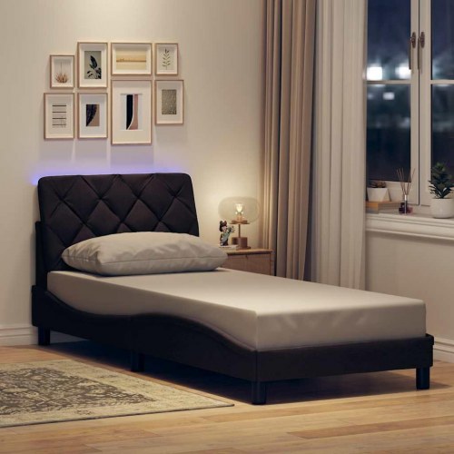 Sengeramme med LED-lys 90x190 cm i stof - mørkebrun