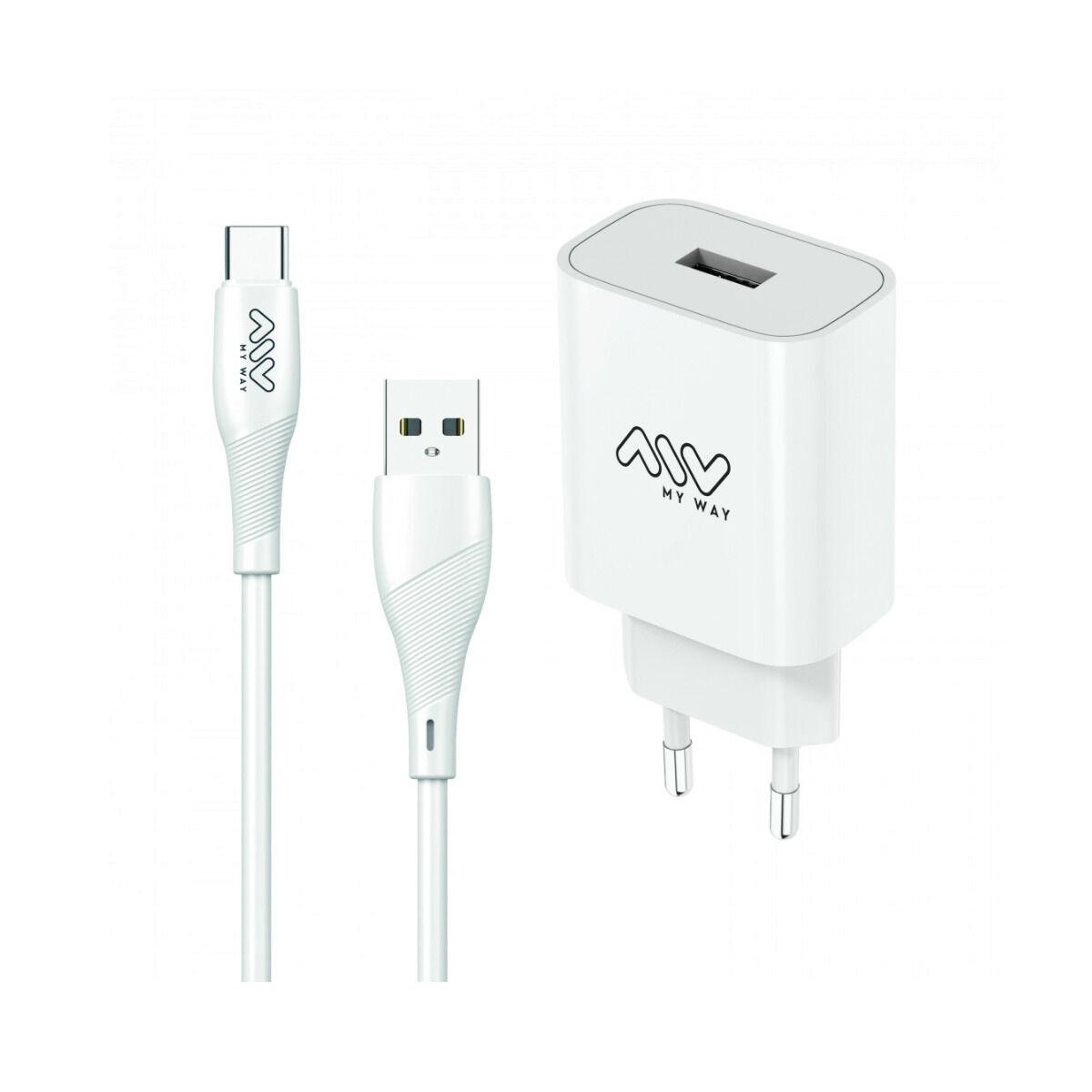 Myway vægoplader 12 W - hvid USB-oplader med USB‑C-kabel billede