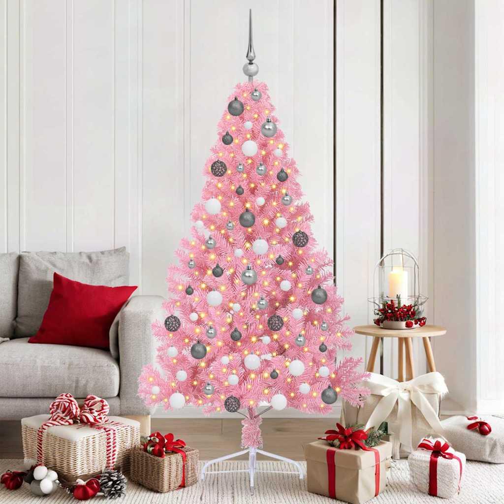 Kunstig Forbelyst Juletræ med 300 LED'er Lyserød 180 cm PVC billede