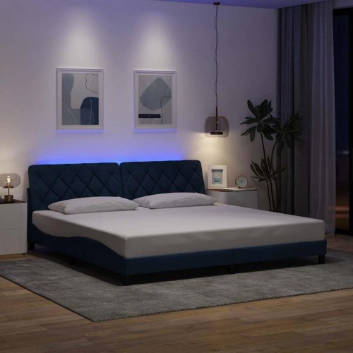 Sengeramme med LED-lys 200x200 cm - stof, blå