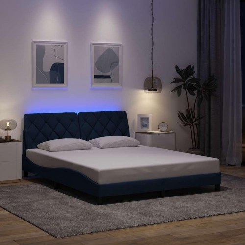 Sengeramme med LED 160x200 cm i blå stof uden madras