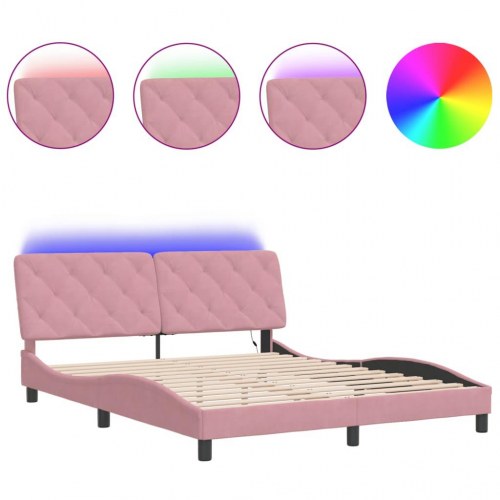 Sengeramme med LED 160 x 200 cm uden madras - lyserød velour