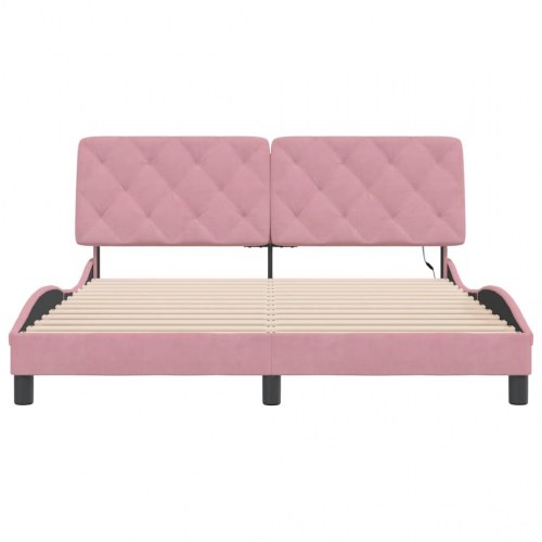 Sengeramme med LED 160 x 200 cm uden madras - lyserød velour