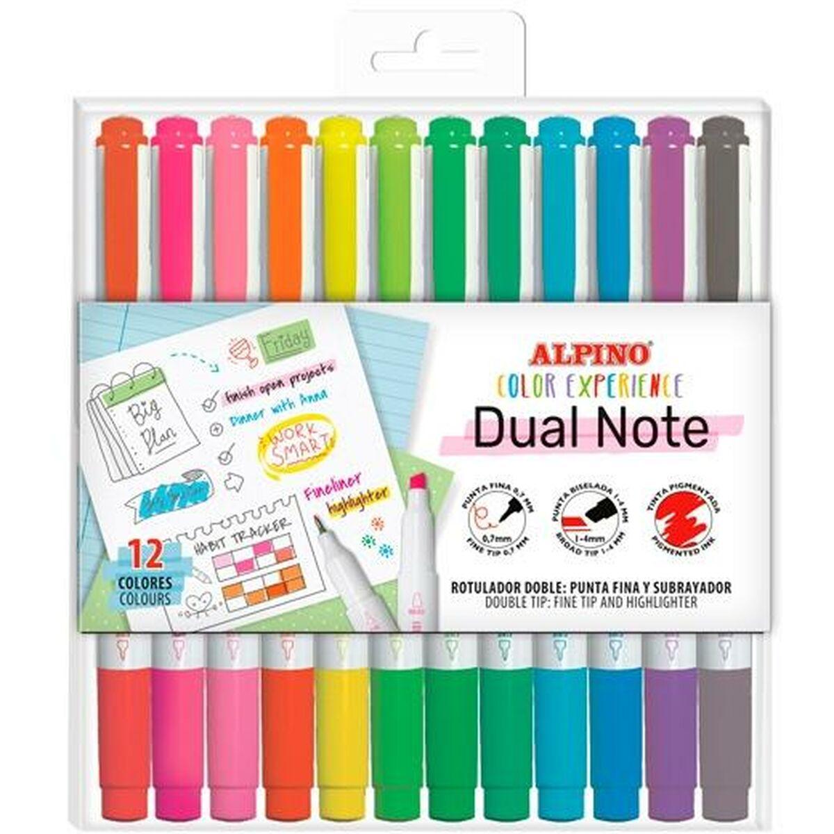 Alpino Dual Note markører - Multifarvet, fin og affaset spids (12 farver)