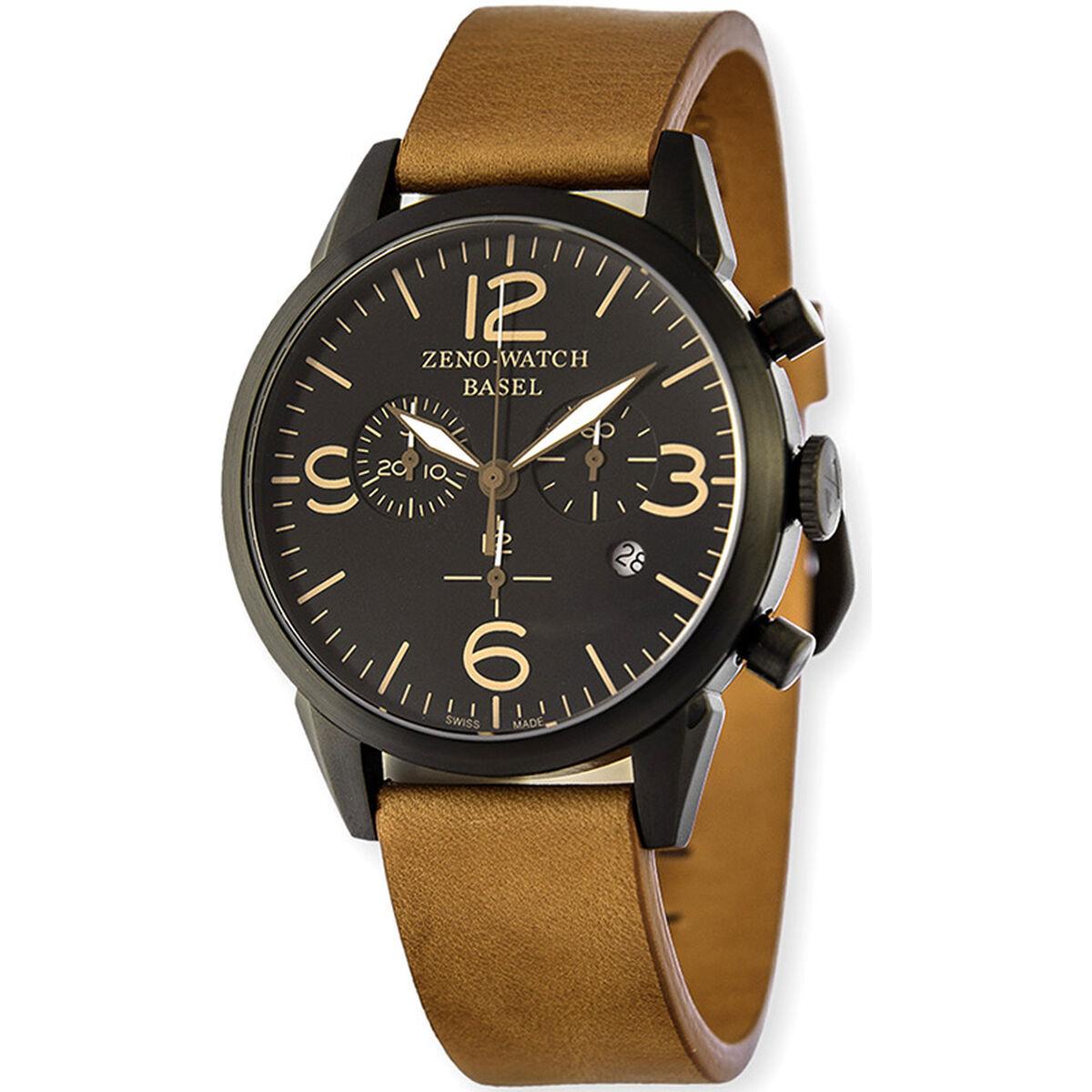 Zeno Watch Basel herreur 4773Q-BK-I1-6, sort skive, brun læderrem (Ø 42 mm)