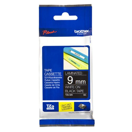 Brother TZe-325 lamineret tape - Hvid på sort, 9 mm, 8 m