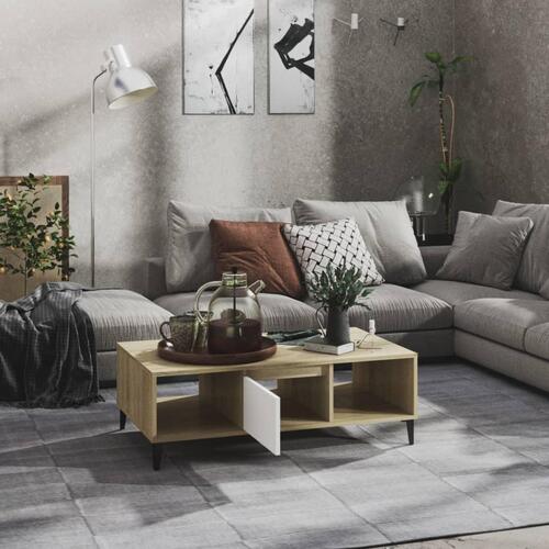 Sofabord 103,5x60x35 cm konstrueret træ hvid og sonoma-eg