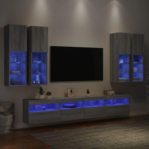 Væghængt tv-møbel 7 dele med LED-lys grå sonoma-eg