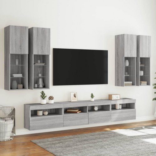 Væghængt tv-møbel 7 dele med LED-lys grå sonoma-eg