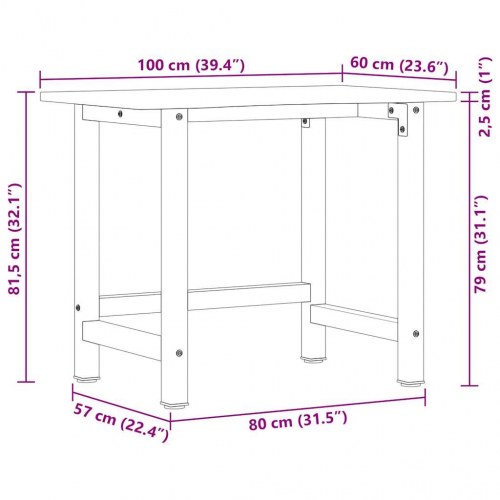 Arbejdsbænk i massivt egetræ 100 x 60 x 81,5 cm - lysebrun