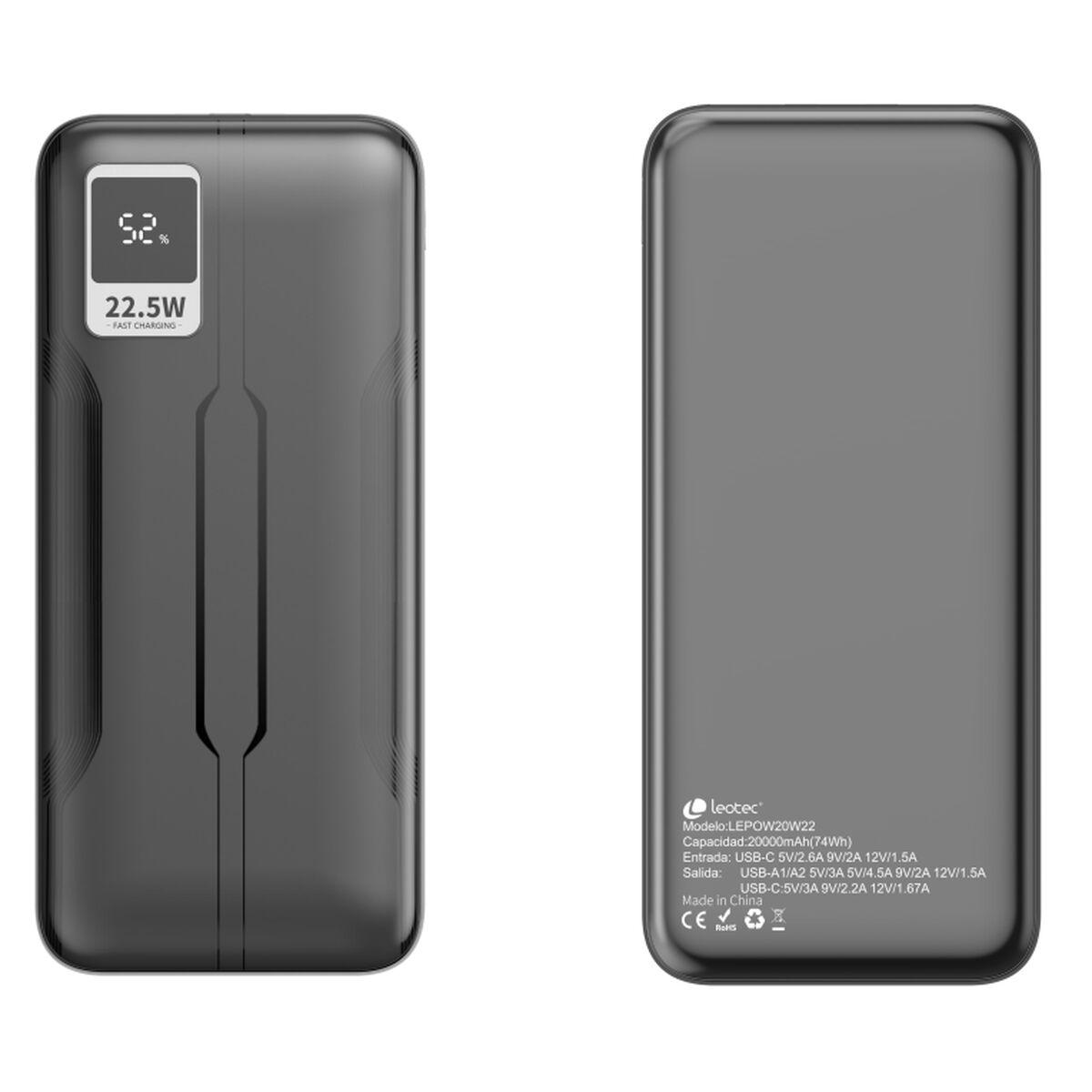 LEOTEC powerbank 20.000 mAh - sort, 22,5 W hurtig opladning