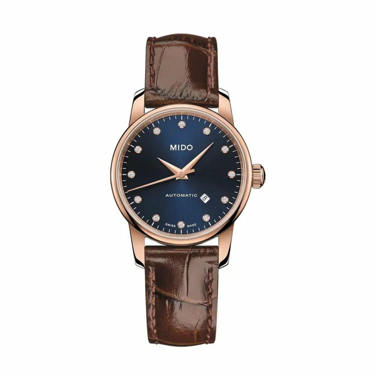 Mido dameur - automatisk armbåndsur i blå/pink med læderrem