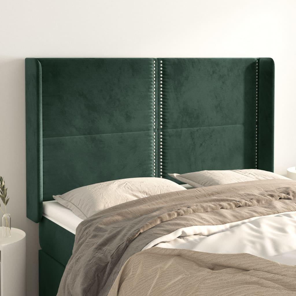 Sengegavl med kanter 147x16x118/128 cm fløjl mørkegrøn
