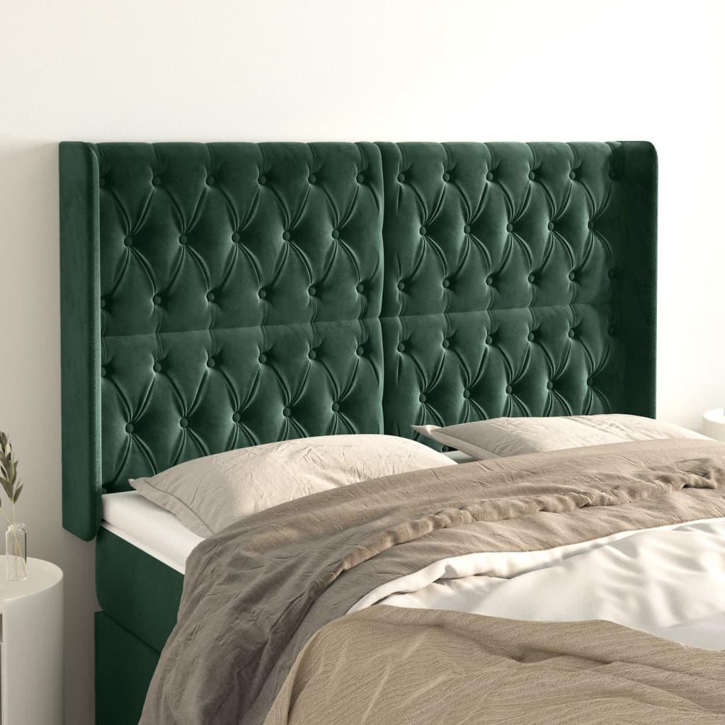 Sengegavl med kanter i fløjl - 163×16×118/128 cm, mørkegrøn