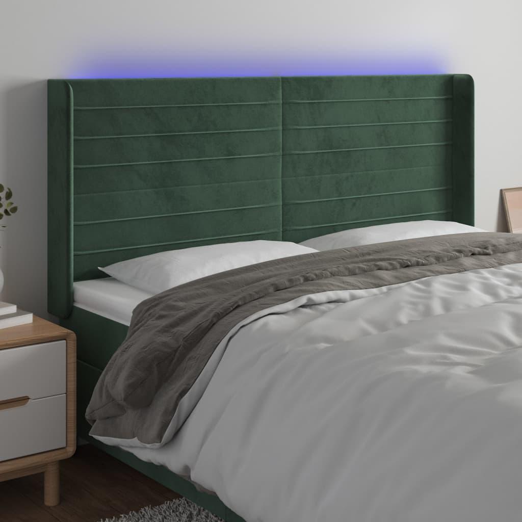 Sengegavl med LED-lys 203x16x118/128 cm - fløjl, mørkegrøn billede