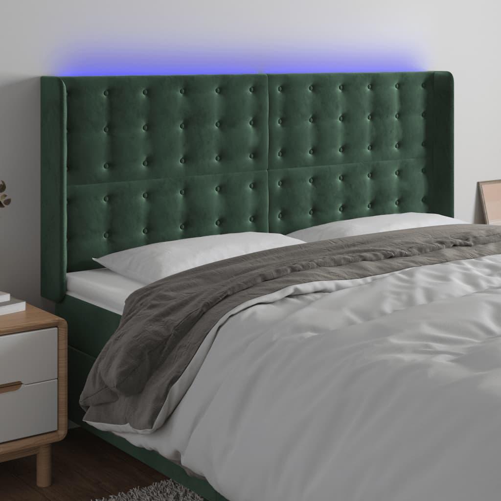 Sengegavl med LED-lys 203x16x118/128 cm - fløjl, mørkegrøn billede