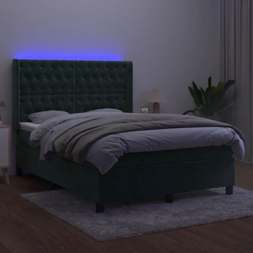 Kontinentalseng med LED-lys 140×200 cm - fløjl, mørkegrøn