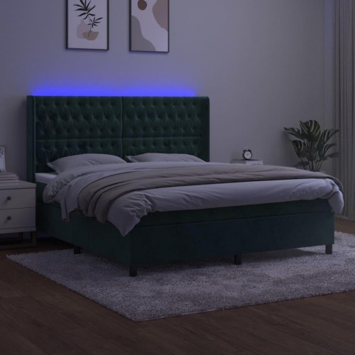 Kontinentalseng med LED-lys 180×200 cm - fløjl, mørkegrøn