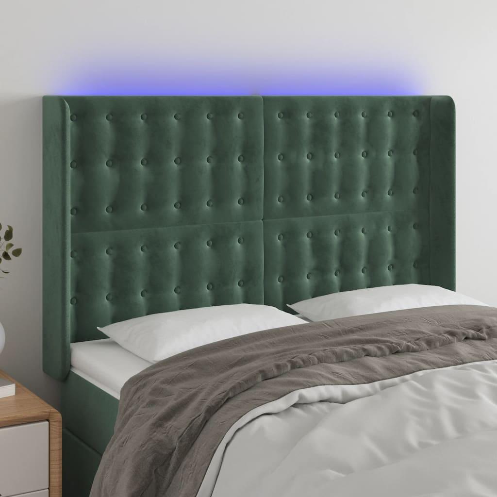 Sengegavl med LED-lys 147×16×118/128 cm - fløjl, mørkegrøn
