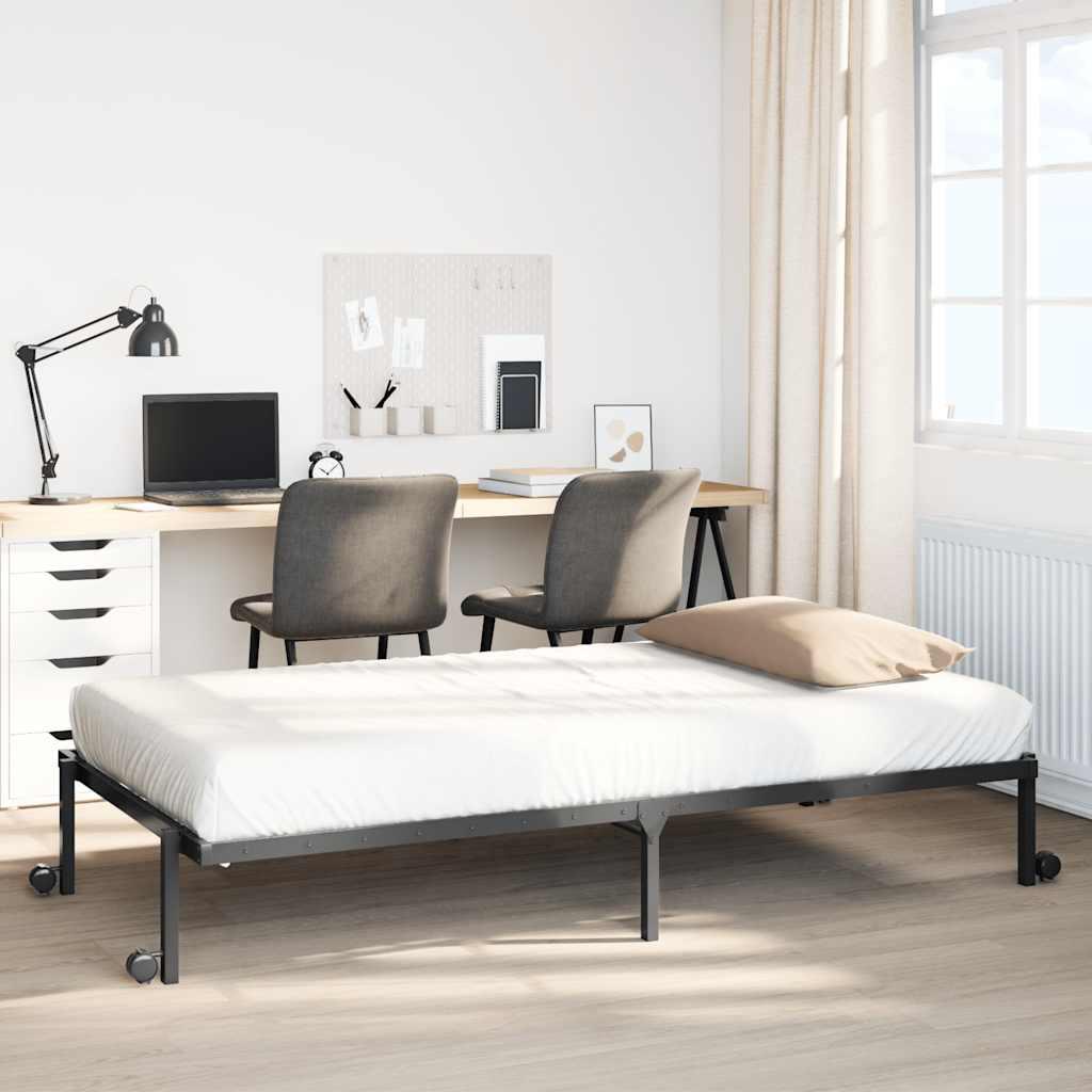 Foldbar sengeramme 90x200 cm i stål med hjul - sort
