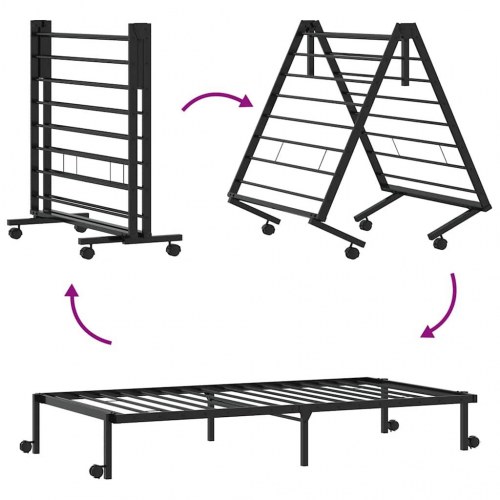 Foldbar sengeramme 90x200 cm i stål med hjul - sort