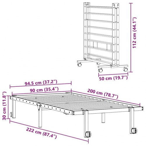Foldbar sengeramme 90x200 cm i stål med hjul - sort