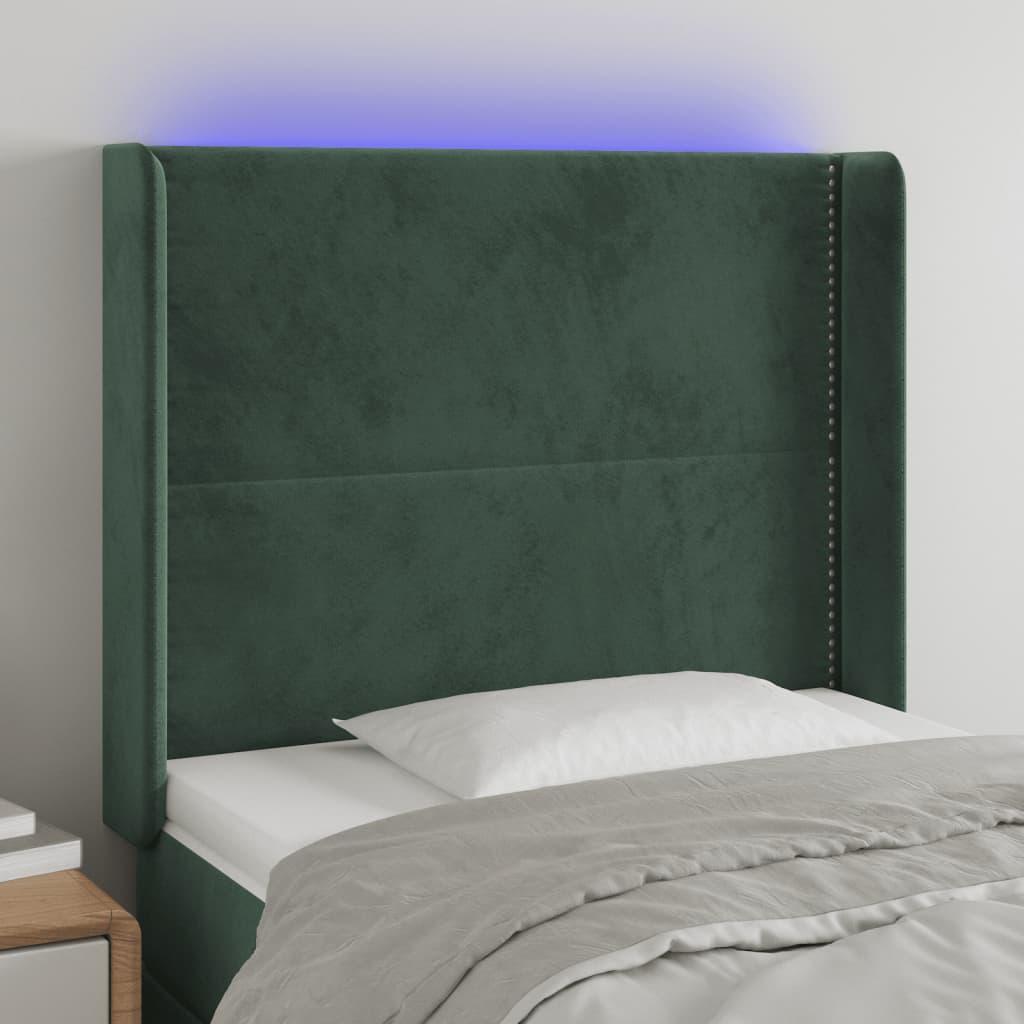 Sengegavl med LED-lys 93x16x118/128 cm fløjl mørkegrøn billede