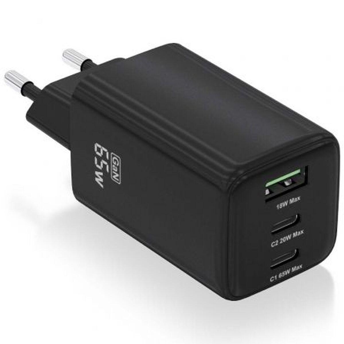 Aisens vægoplader 65 W, 3 porte (USB-A + 2x USB-C) - sort