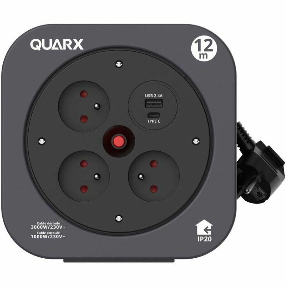 Quarx forlængerledning på tromle - 12 m, 4 udtag, USB & USB-C